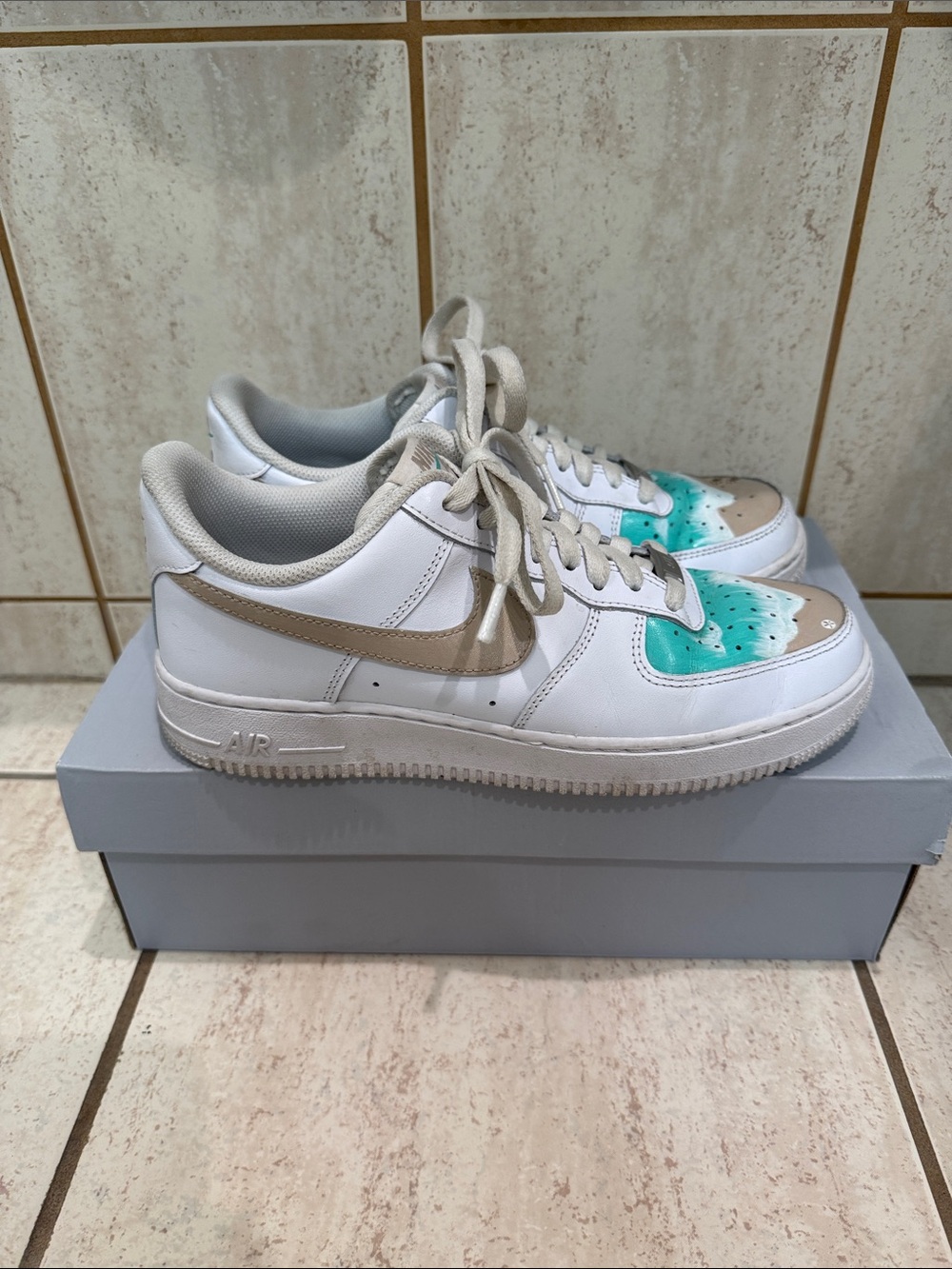 Nike Women’s White Air Force 1 with Teal and Tan Painted Accents (One of a Kind)